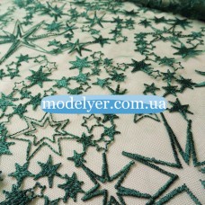 Ткань Сетка с вышивкой звезды (зеленый изумруд)